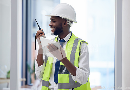 Image of Engineer, walkie talkie and black man construction worker, building contractor or safety manager working on architecture logistics. African man, digital tech and online conmmunication for maintenance