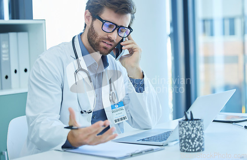 Image of Phone call, office and doctor hospital communication, financial healthcare advice and insurance checklist for compliance, policy and trust. Question, finance and medical expert talking on smartphone