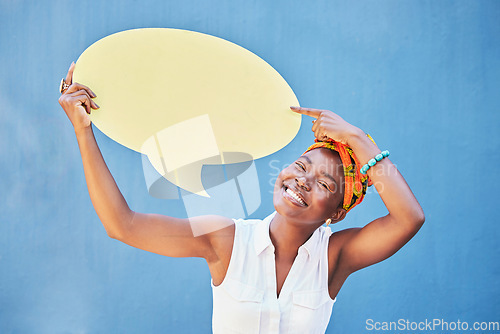 Image of Speech bubble, smile or black woman with mock up for advertising, marketing or communication feedback with blue background. Happy, announcement sign or girl for brand vote, voice opinion or review