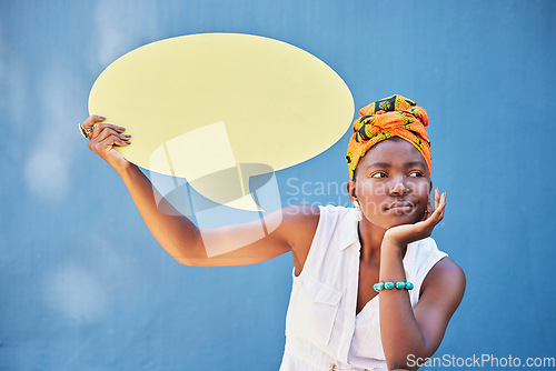 Image of Black woman, fashion or thinking with speech bubble on blue background with city vote, innovation or ideas. Blank placard, poster billboard or voice mock up for bored student in stylish trend clothes