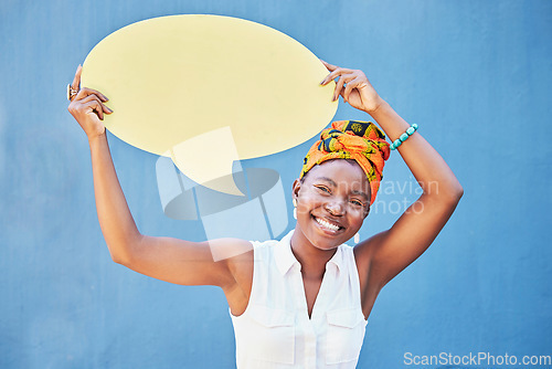 Image of Black woman with speech bubble or mockup for social media advertising, marketing or sale communication. Blue background, brand or startup girl with smile for feedback review, vote or voice opinion