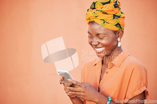 Image of Black woman, smartphone and typing for communication, social media and connection with smile on studio background. Female, Jamaican lady and phone to search internet, online reading and mockup.