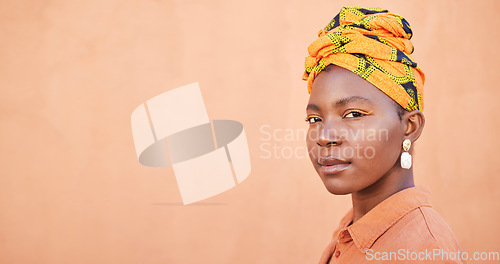 Image of Portrait, black woman and head scarf with cosmetics, natural beauty and mockup on studio background. Jamaican female, girl and lady with traditional turban, relax and makeup for smooth and clear skin