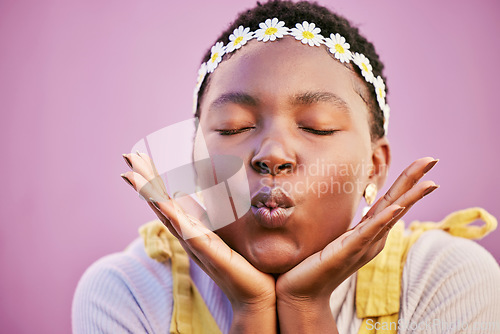 Image of Mockup, blowing kiss and black woman happy, cosmetics and natural beauty on studio background. Skincare, Jamaican female and healthy girl with headband, wellness and makeup for smooth and clear skin.