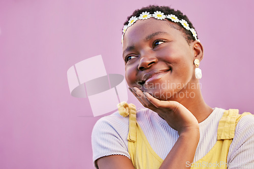 Image of Black woman, smile and face thinking, happy and daydream in spring, fashion and purple wall background. Gen z girl, african and young female with happiness, positive mindset and mockup space outdoor