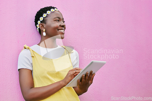Image of Black woman with tablet, marketing and advertising of digital product, thinking and freedom with youth in Kenya with ux and 5g network. Technology mockup, internet user promotion and pink background.