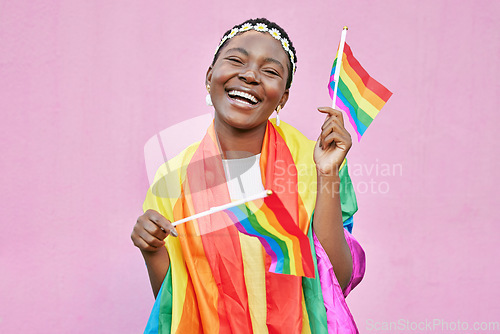 Image of Pride, lgbtq and black woman with flag, rainbow and advocate for lgbt rights and queer community mockup. Happy woman, equality and freedom with support and sexuality, activism and advocate portrait