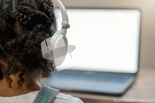 Image of Girl, headphones and laptop screen in elearning education, homeschool class or study support in house lockdown or quarantine. Zoom, headset and child on student technology software with mock up space