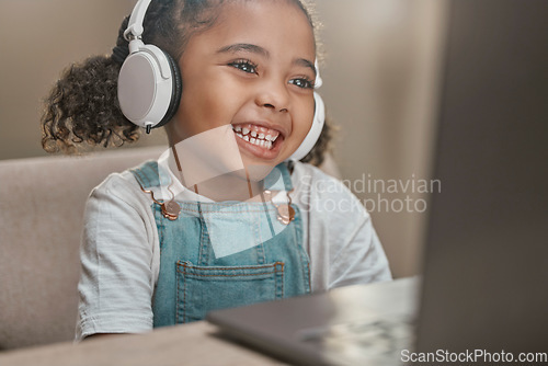 Image of Education, learning and laptop with girl and headphones for video call, knowledge and homeschooling. Virtual classroom, online courses and remote with child student listening to teacher for lesson