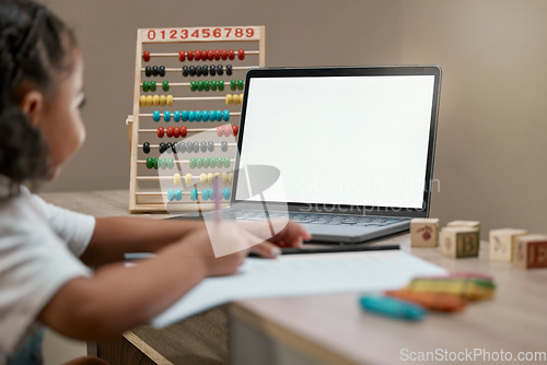 Image of Child, blank laptop and homework for distance learning and online education during math lesson. Abacus, pc and elearning with a little girl streaming her internet class for mathematics and writing