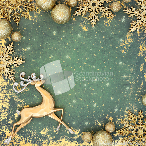 Image of Gold Green Grunge Christmas Reindeer Background Border 