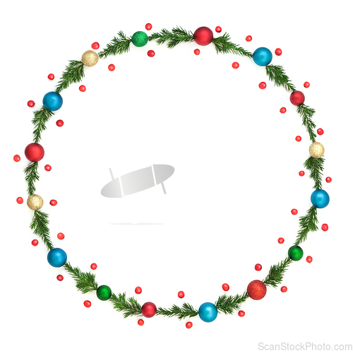 Image of Christmas Wreath with Holly Fir and Bauble Decorations 