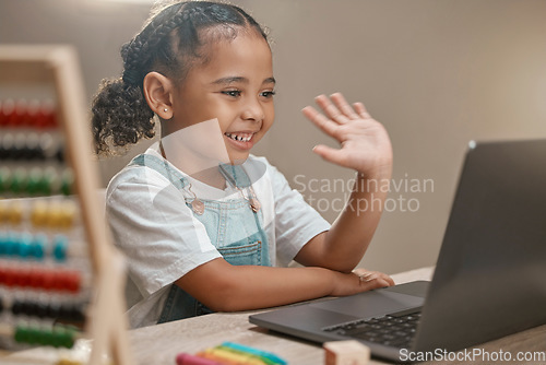 Image of Wave, laptop or girl elearning math for education, child development or knowledge in online class at home. Smile, kid or happy kindergarten student ready for assessment test or studying on video call