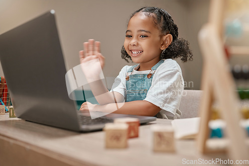 Image of Child, waving or laptop video call for homeschool education, e learning support or lockdown class in house or home living room. Smile, happy or greeting hand gesture for student on technology webinar