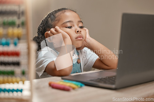 Image of Sad, education and child with laptop for school, studying online and listening on a video call class from home. Tired, adhd and bored girl with a computer for learning problem and e learning