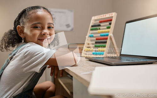 Image of Laptop, mockup or girl learning math at home via elearning or online class for numbers education or knowledge. Happy, portrait or child studying for assessment test on pc screen with marketing space