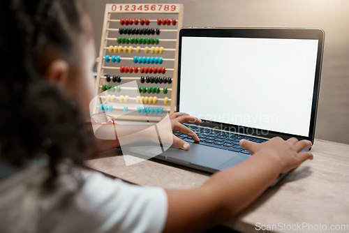 Image of Laptop, elearning and girl in homeschool math class with green screen or mockup online classroom. Education, internet and video streaming service for kindergarten child development for home school.