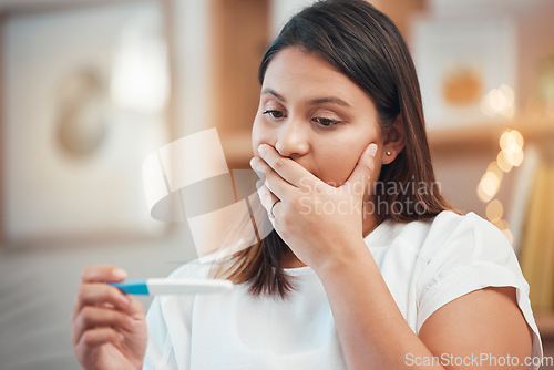 Image of Pregnancy test, wow and woman with results, reading information and stress about stick. Surprise, worry and face of a pregnant woman shocked with a test for fertility or ovulation in a house