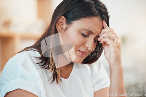 Image of Woman, stress and headache about business fail while struggling with mental health and exhaustion. Migraine, deadline and stressed entrepreneur feeling overworked and stressed out in the workplace