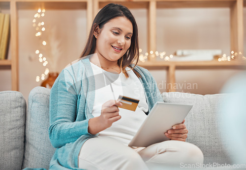 Image of Ecommerce, credit card and pregnant woman with tablet on sofa using internet wifi connection, electronic payment and online shopping. Digital retail, banking in living room and spend money at home