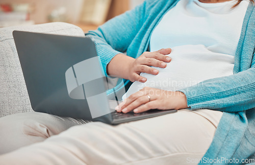 Image of Pregnant, woman and laptop for online medical research to prepare for motherhood and being a parent. Computer, mum and pregnancy with a female searching for child advice during maternity leave