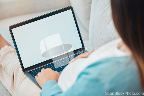 Image of Woman, laptop screen and home sofa for online shopping, internet search and communication on social media reading ecommerce ads. Free mockup space for product placement or website with pregnant woman