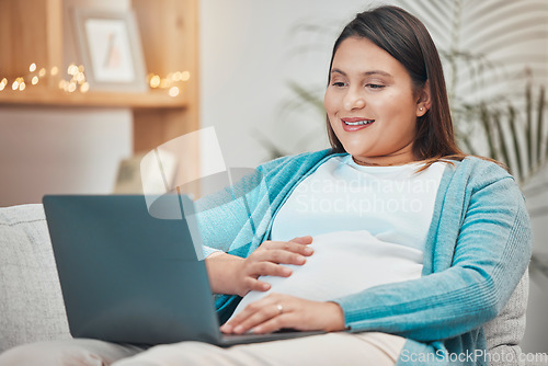 Image of Pregnant, relax or woman online shopping on laptop for baby clothes or shoes on ecommerce website at home. Surfing, pregnancy or happy person in maternity smiles at internet search choices on sofa