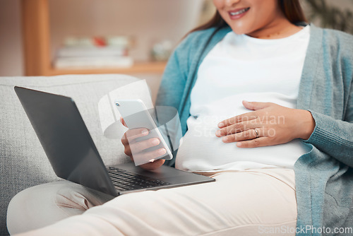 Image of Relax, pregnancy and woman on sofa with phone and laptop in living room at home reading email or text. Internet, video call or social media, pregnant woman sitting on couch with smile surfing online.