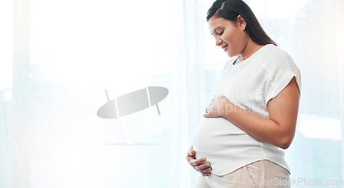 Image of Pregnant woman, stomach and mockup space of mother excited for her future baby. Pregnancy, wellness and healthy maternity of happy lady, abdomen and body for fertility, birth and medical gynecology