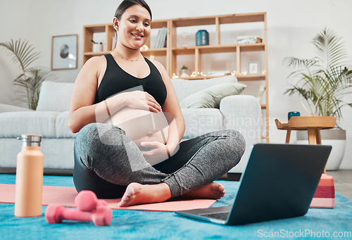 Image of Laptop, pregnancy yoga and woman in a living room doing wellness exercise tutorial at home. Fitness, meditation and pregnant lady streaming pilates health workout on internet with computer in lounge.