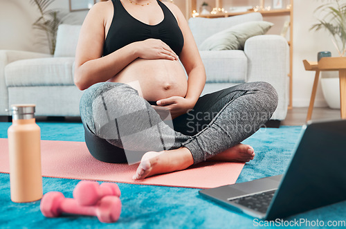 Image of Laptop, pregnant woman and yoga or pilates in living room, motivation for fitness and health from home. Exercise, wellness and zen, online yoga class for woman during pregnancy, safe workout to relax