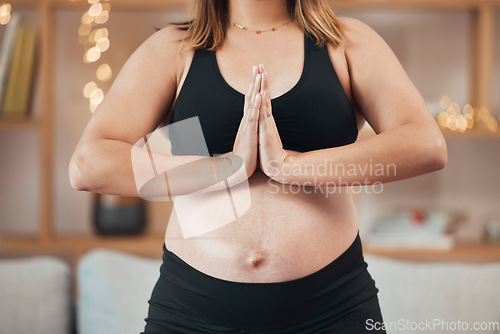 Image of Meditation, yoga and pregnant woman in spa for fitness wellness, healthcare of body or stomach development, growth and healing. Pregnancy, self love and woman prayer hands meditate for holistic care