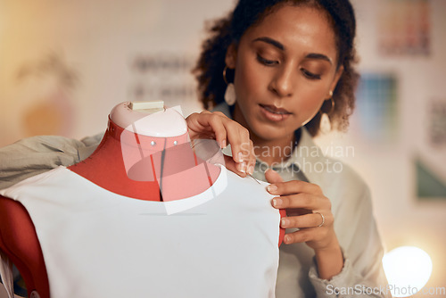 Image of Tailor, mannequin and black woman sewing clothes, fabric or luxury apparel for creative design in studio workshop atelier. Startup small business designer, service and sewer working on fashion outfit