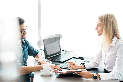 Image of Business meeting. Client consulting. Confident business woman, real estate agent, financial advisor explaining details of project or financial product to client in office.