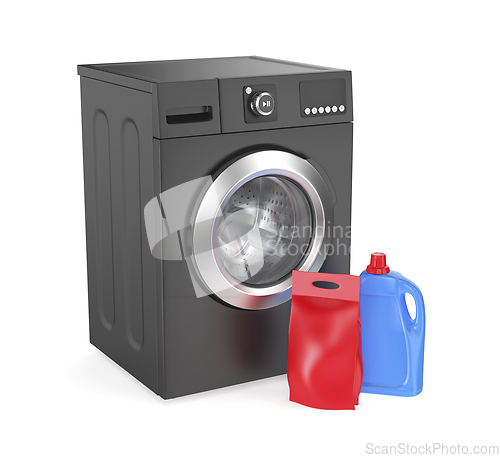 Image of Liquid detergent bottle and washing powder bag in front of washi