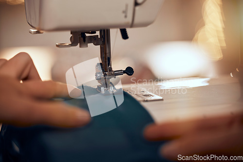 Image of Design, clothes and closeup of sewing machine with fabric for clothing production, fashion design and tailor. Manufacturing, creative and hands of fashion designer working with textile in workshop