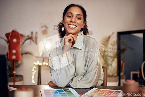 Image of Fashion, small business and portrait of black woman designer at desk in creative office. Startup owner, woman business owner and happy smile, confident manufacturing luxury clothes for online shop.