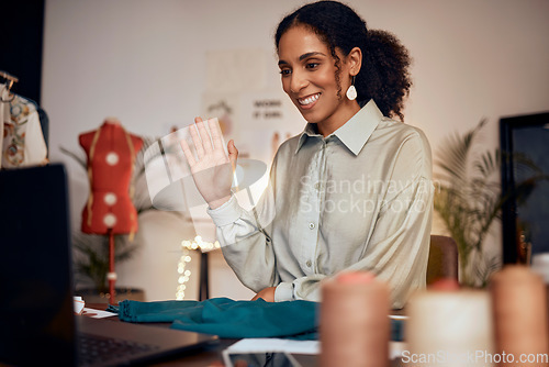 Image of Woman, smile and wave for video call on laptop in fashion, interior or art design in remote business at home. Happy female fashion designer in video meeting, consultation or call on computer by desk