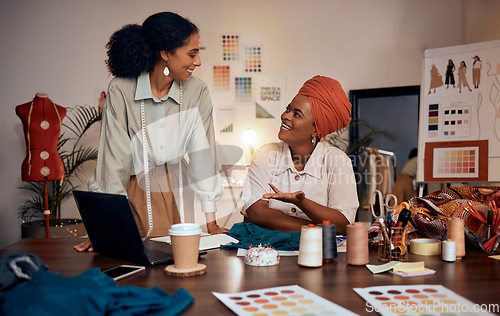 Image of Creative, fashion or designer woman in office with fabric design planning, collaboration or teamwork with smile. Business meeting, diversity or women for small business, startup or company growth