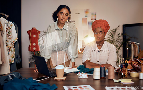 Image of Portrait, fashion and design with women seamstress team working, planning and vision in their startup. Teamwork, partnership and workshop with a female designer females at work with creative clothes