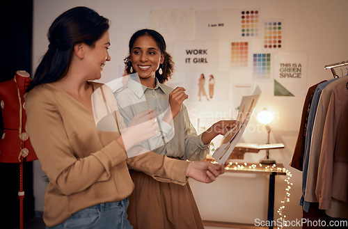 Image of Women, fashion sketch and designers have conversation, planning runway show and workplace. Females, artist and business creative work, book and communication for startup company and entrepreneur.