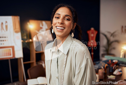 Image of Happy, fashion or designer woman for leadership, motivation or design success in office with smile. Portrait, smiling or seamstress girl in studio for creative tailor work, manufacturing or startup