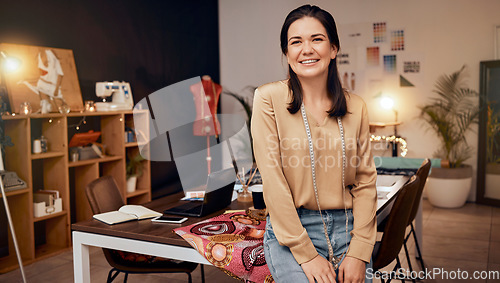 Image of Portrait, fashion and designer in workspace, woman and with smile. Young female, tailor and creative entrepreneur, prepare for runway show, relax and happiness for business, success and in workplace.