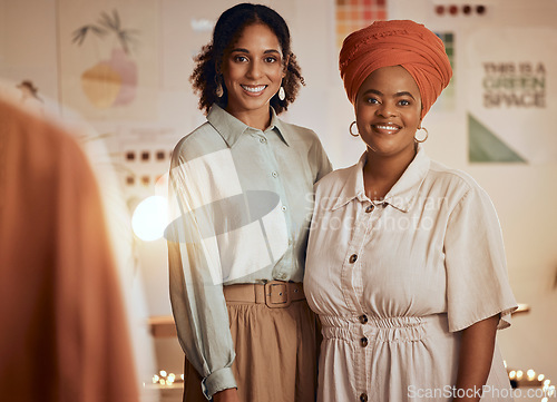 Image of Fashion, designer and portrait of women team in workshop studio for small business startup, creative or fabric manufacturing career. Clothes production, color supplier and partnership of black woman