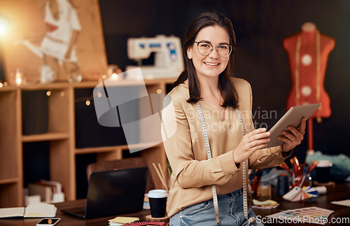 Image of Portrait, woman or fashion designer with tablet for social media, business promotion or smile in workplace. Young female, entrepreneur or device for online research, advertise and happiness in office