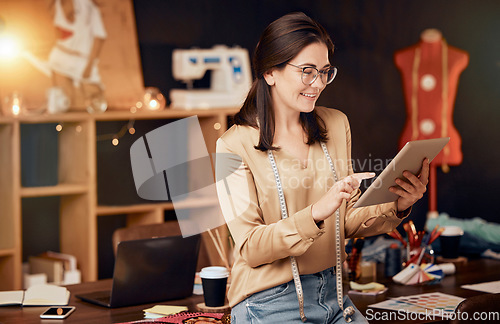 Image of Fashion, designer and tablet of woman with idea, creativity and planning at workshop in Paris. Creative, tech and internet of clothes design worker happy with inspiration for small business.