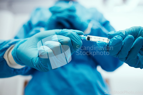 Image of Hands, medical and syringe for surgery, healthcare or wellness in hospital. Closeup, equipment or tool for injection, diagnosis or cure for disease, sickness or blue glove for protection or operation