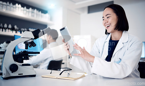 Image of Science, laboratory and woman scientist with tablet, research for pharmacist or healthcare worker in modern lab. Medical innovation, analytics and success for happy pharmaceutical employee with smile