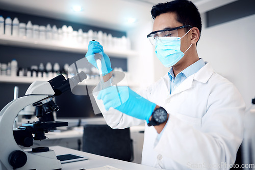 Image of Covid, research and scientist in a lab for a test, science innovation and medical development for future. Chemical analysis, healthcare study and worker with an investigation on a virus and face mask