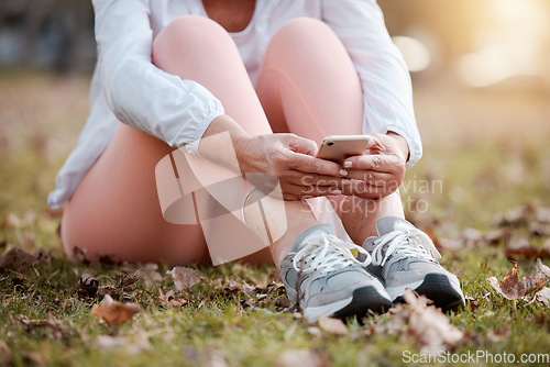 Image of Phone, fitness and woman resting in nature after cardio workout training for race, marathon or olympics. Sports, exercise and female athlete running on break scrolling on social media with cellphone.